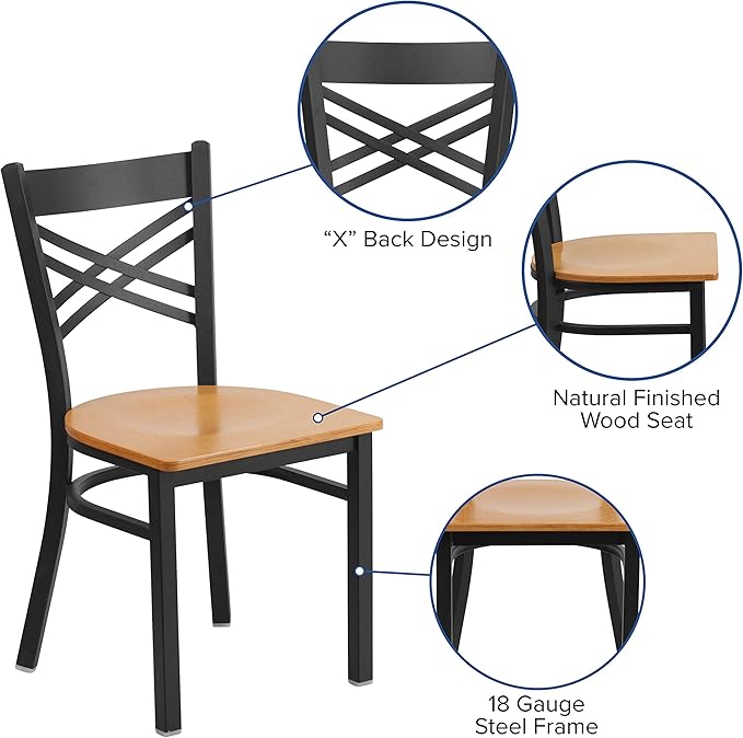 Flash Furniture HERCULES Series Black ''X'' Back Metal Restaurant Chair - Natural Wood Seat