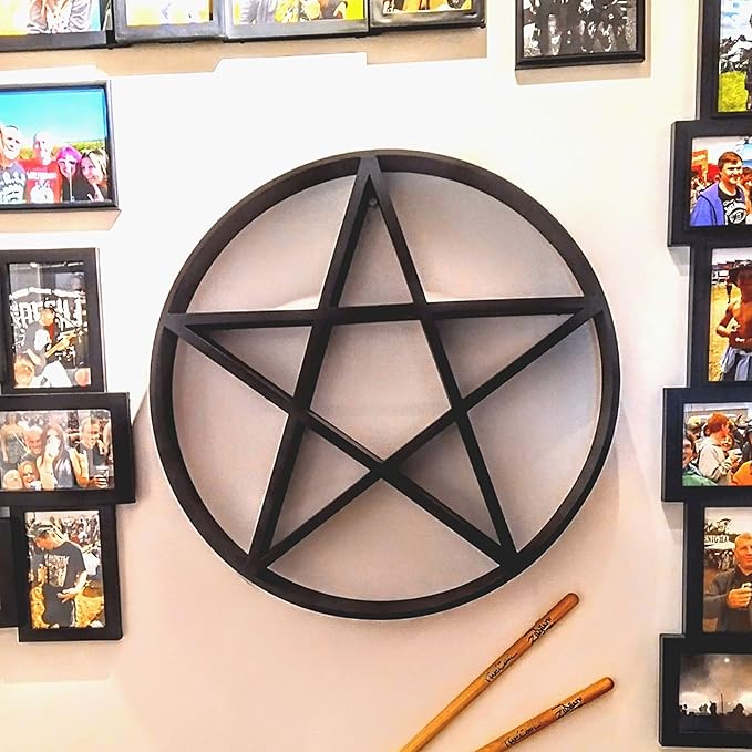 Pentagram Shelf - Star Crystal Shelf, Wooden Floating Shelf, Black - Wall Hanging Shelves for Room Aesthetics and Celestial Decor