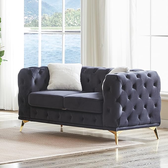 KEIKI 61" Luxury Oversized Velvet Chesterfield Sofa with 2 Pillows, Mid-Century Style 2-Seater Tufted Buttons Couch with High-Density Foam Cushions, Easy Assembly, for Apartment, Living Room, Black