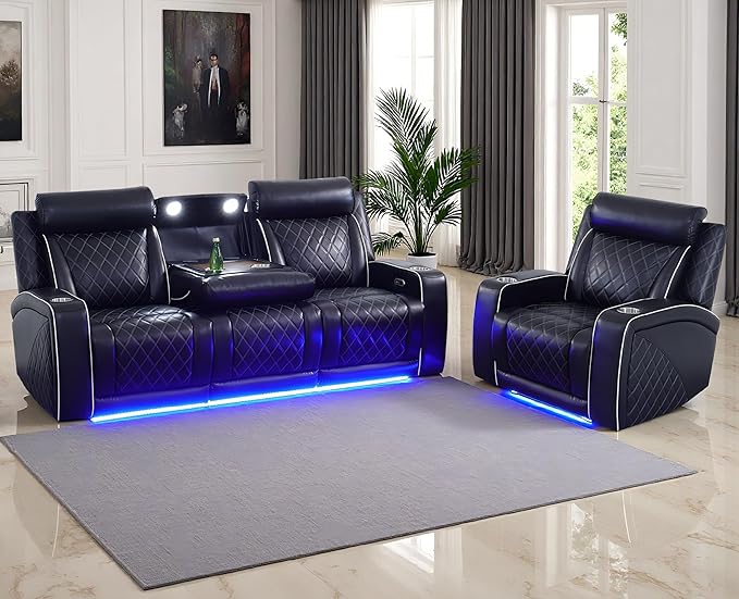 Black Breathing Leather Reclining Sofa Set, Living Room Furniture Sets, 2PC Power Recliner Sofa Chair with Cup Holders/LED Lights/Charging Ports/Storage Console for Living Room/Office