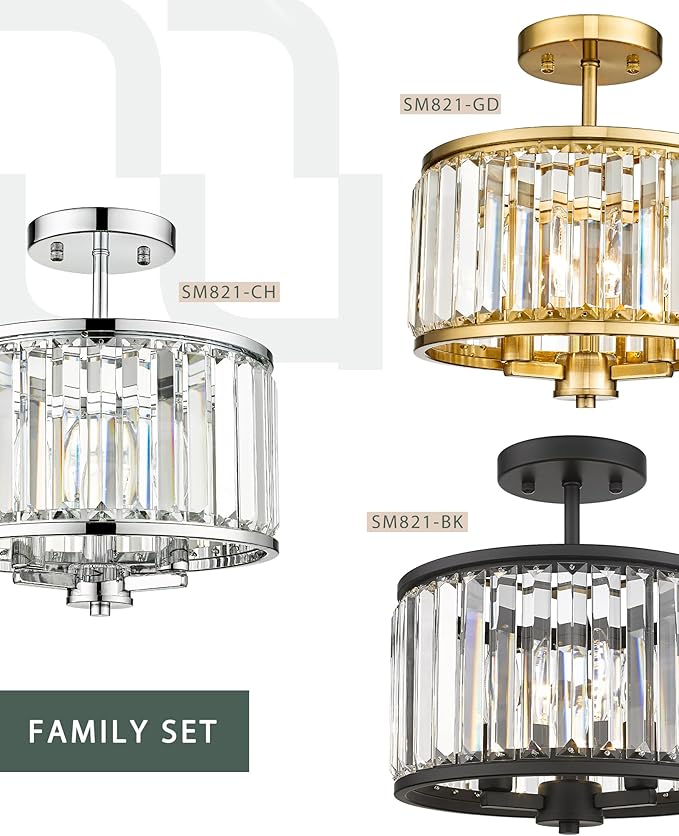 Semi Flush Mount Ceiling Light Fixture, 11" Crystal Light Fixture, 3-Light Modern Lamps with Matte Black Finish for Bathroom, Dinning Room, Hallway, Bedroom, SM821-MB