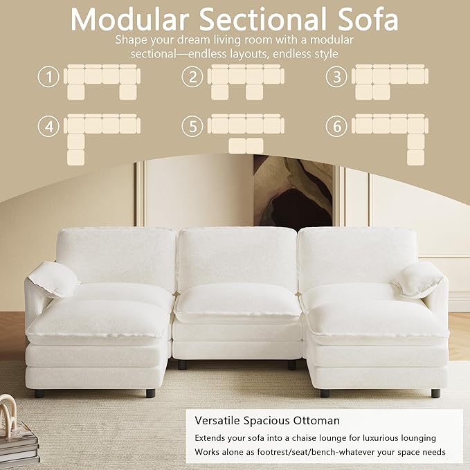 114" U Shaped Cloud Couch Sectionals Comfy Beige White Sectional Couches for Living Room Modern Fluffy Oversized Modular Sofas with Ottoman, Chenille Large Big 5 Seat Sofa Set