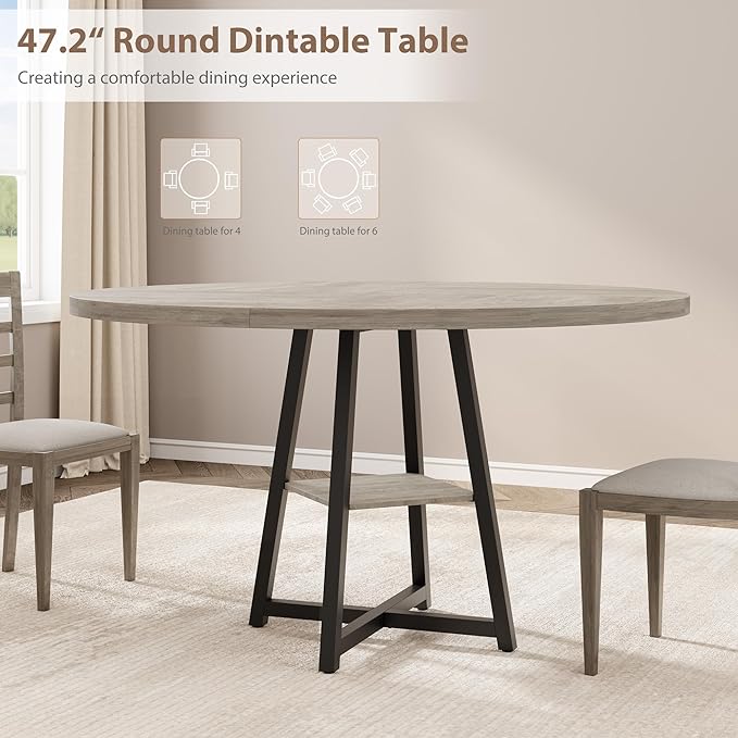 GAOMON 47" Round Dining Table for 4-6 People, Wooden Circle Kitchen Table with Storage Shelf, Industrial Dining Room Table for Kitchen, Dining Room, Save Space