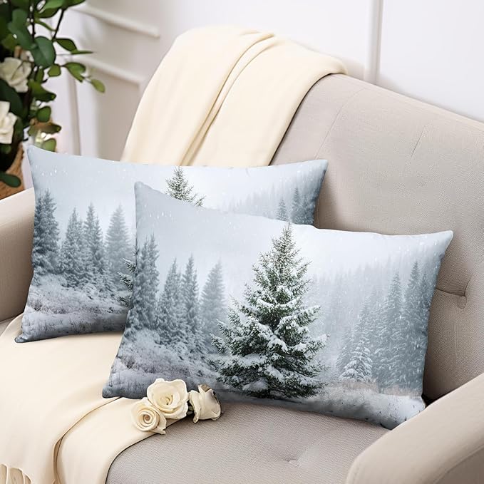 Winter Lumbar Pillow Covers 12x20 Set of 2 Christmas Pine Tree Outdoor Rectangle Throw Pillow Cases Snow Natural Forest Xmas Holiday Cushion Case for Farmhouse Living Room Decor