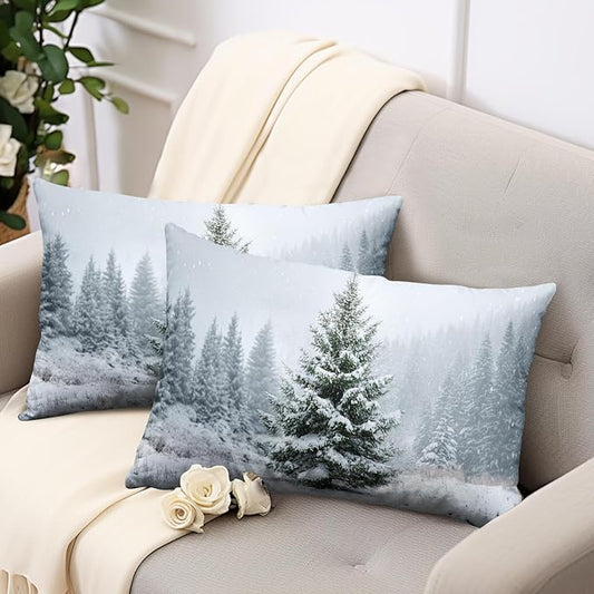 Winter Lumbar Pillow Covers 12x20 Set of 2 Christmas Pine Tree Outdoor Rectangle Throw Pillow Cases Snow Natural Forest Xmas Holiday Cushion Case for Farmhouse Living Room Decor