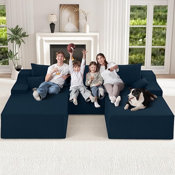 HABUTWAY 94“ U Shaped Modular Sectional Couch for Living Room, Modular Cloud Sofa with Ottoman, No Assembly Boneless Couches with Deep Seat, Corduroy Fabric (Blue, Left Facing)
