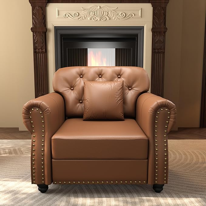 KEIKI 41" Faux Leather Chesterfield Sofa with Rolled Arms & Nailhead Trim, Modern Style 1-Seater Button Tufted Couch with High Resilience Cushion & 1 Pillow, Easy Assembly, for Living Room, Brown