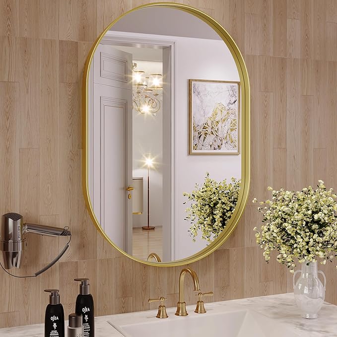Oval Mirror, 26"×38" Gold Oval Bathroom Mirror for Bathroom, Gold Vanity Mirror for Wall, Entryway, Living Room, Wall Mount Mirrors Hangs Vertical or Horizontal