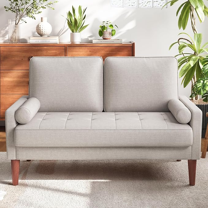 Vesgantti Loveseat Sofa with Solid Wood Legs, 48" Small Couches for Small Spaces, Love Seat for Living Room, Bedroom, Easy Assembly Mid Century Modern Couch with Throw Pillow for Apartment, Ashbeige