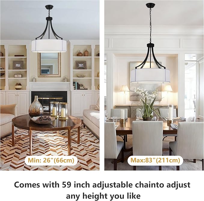 20" Modern Black Farmhouse Drum Chandeliers for Dining Room, 6-Light Rustic Drum Pendant Light with White Fabric Shade, Hanging Light Fixture for Living Room Bedroom Foyer Kitchen Island Entryway