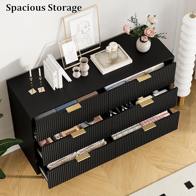 GAOMON 6 Drawer Dresser for Bedroom Chest of Drawers, 47" Wide Fluted Dresser with Drawers, Modern Wooden Double Dressers with Metal Handles for Living Room, Hallway