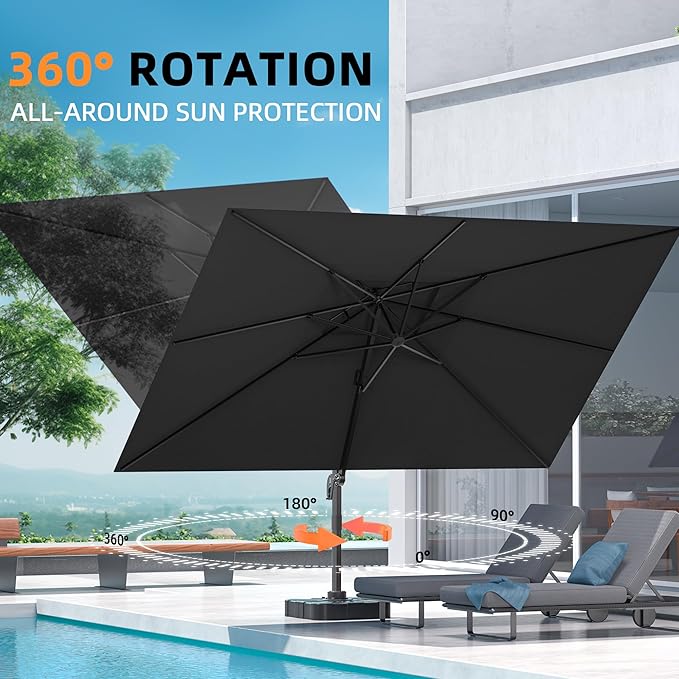 10' X 13' Outdoor Patio Umbrella Large Rectangle Cantilever Umbrella with Base Included, Heavy Duty 360°Rotation Offset Umbrella for Garden Deck Pool Patio,Black