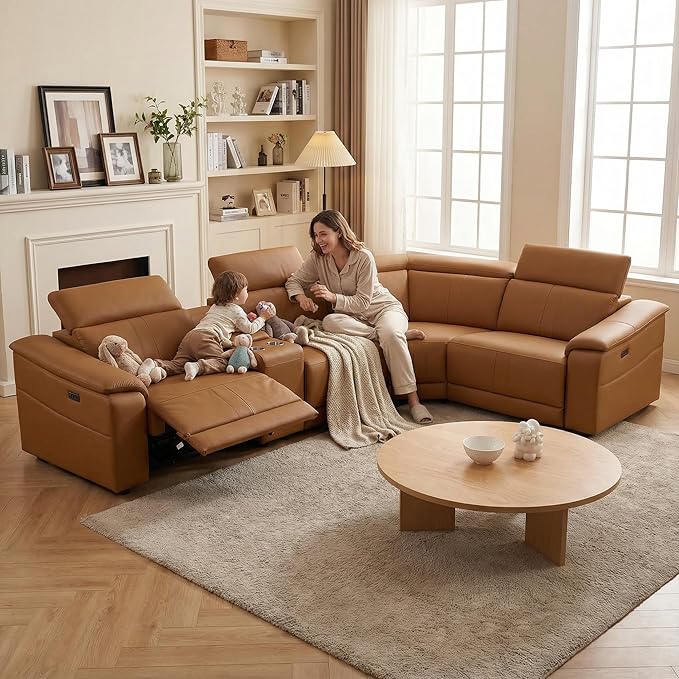 Power Recliner Sectional Sofa, L-Shaped Living Room Furniture Set, Leather Recliner Sofa,Reclining Sectional Couch with Storage Console/Cup Holder for Living Room/House/Apt (Light Brown, 4 Seater)