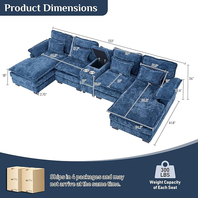 133" Oversized U Shaped Cloud Couch Modular Sectional Couches for Living Room Comfy Chenille Deep Seat Sofa Set with Double Chaise Lounge, Storage Central Console, Cup Holders, USB Port, Blue
