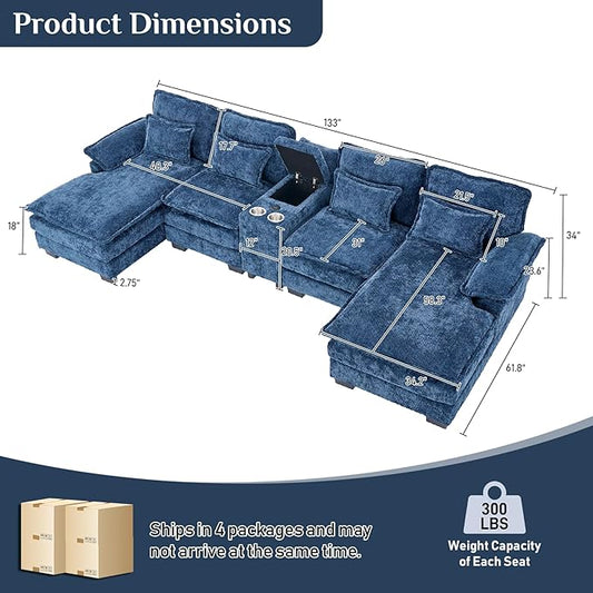 133" Oversized U Shaped Cloud Couch Modular Sectional Couches for Living Room Comfy Chenille Deep Seat Sofa Set with Double Chaise Lounge, Storage Central Console, Cup Holders, USB Port, Blue