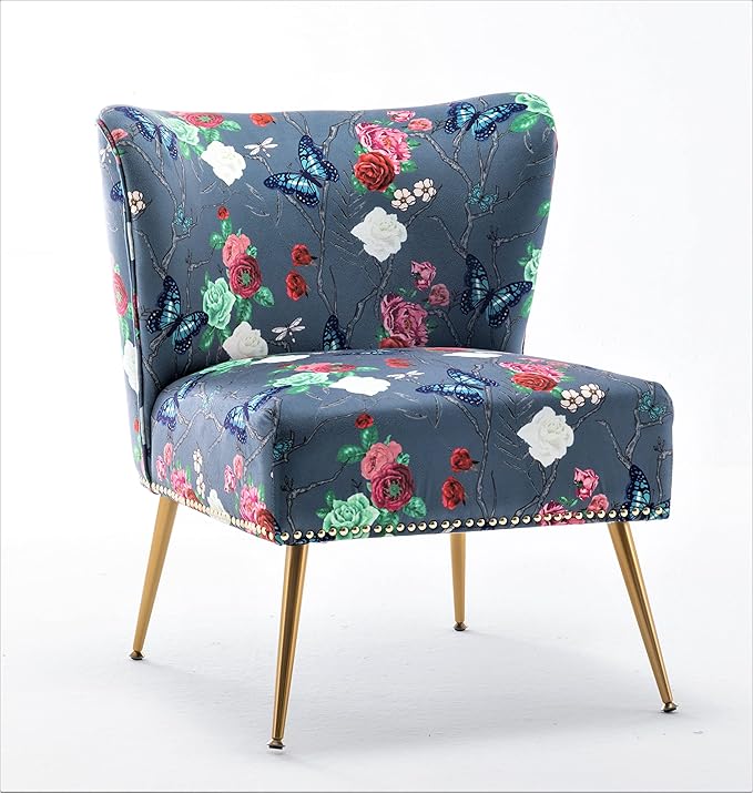 Thia Armless Accent Chair for Living Room, Elegant Seat with Nailhead Trim, Gold Metal Legs and Comfortable Curved Back, 28" D x 25" W x 29.5" H, 07 Floral Print