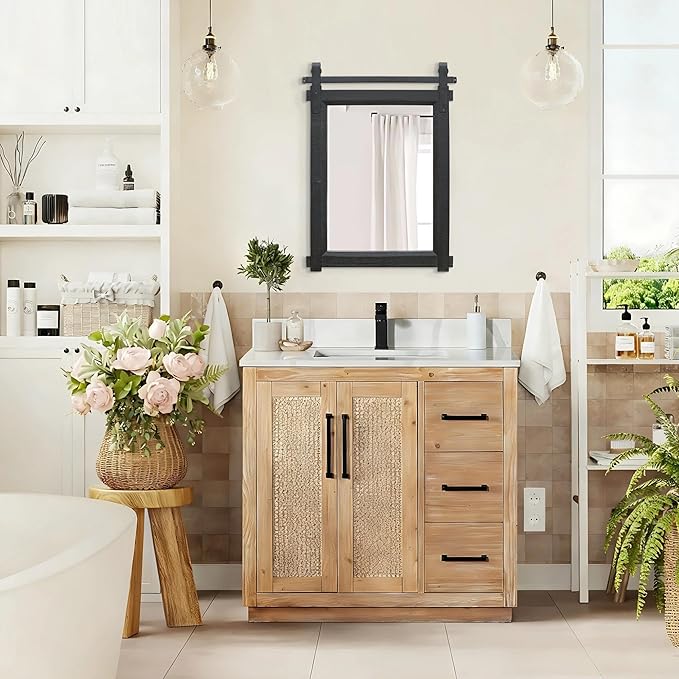 Besdomus Black Farmhouse Bathroom Mirror: 22"x30" Barn Door Rustic Solid Cedar Wood Frame Vanity Mirror - Home Decor for Entryway/Living Room/Bathroom Renovators - Modern Farmhouse for Homemakers