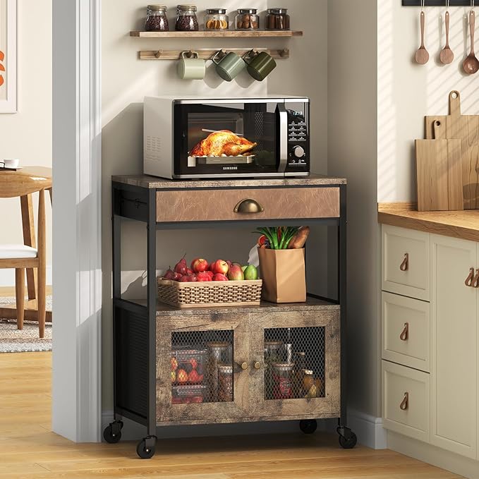 X-cosrack Coffee Bar Cabinet，3 Tiers Kitchen Coffee Cart with Drawer for The Home, Movable Farmhouse Ktichen Station Table on Wheels for Living Room, Entryway, Dining Room, Kitchen