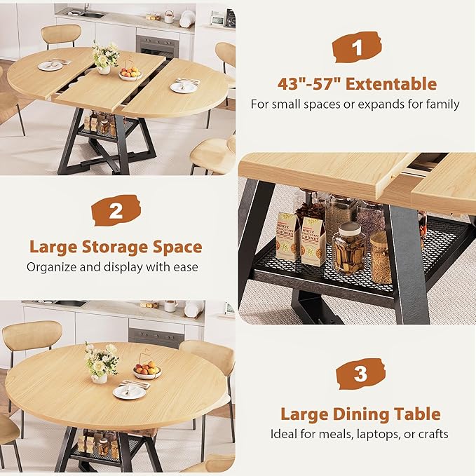 Round Dining Table Kitchen Dining Room Dinner Table for 4-6, Space Saving Extendable Oval Circle Furniture with Pedestal Base and Storage Shelf for Kitchen Living Room (Wood, for 4-6)