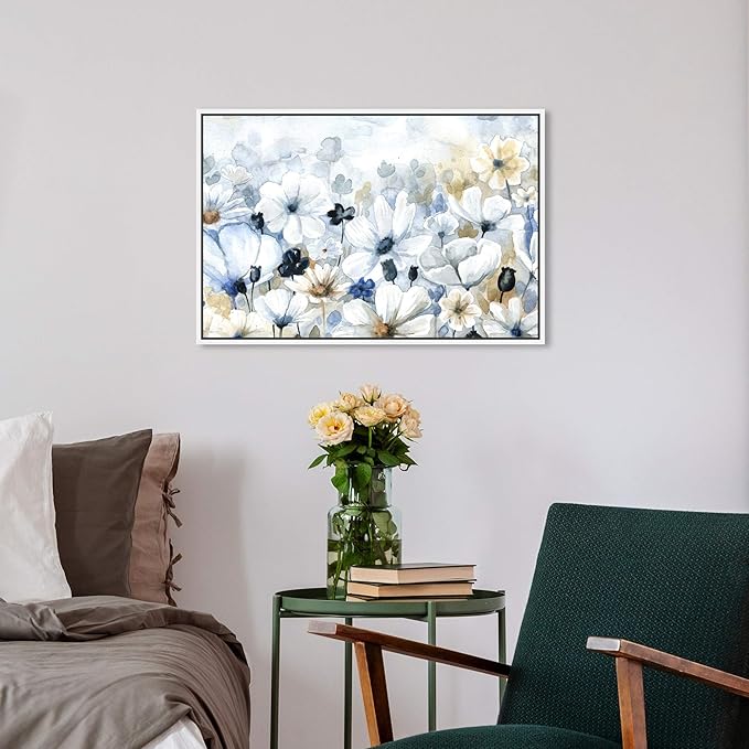 The Oliver Gal Artist Co. Floral and Botanical Wall Art Framed Canvas Prints 'Fields Flowers Home Décor, 24" x 16", Blue, White