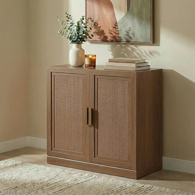 Casaphoria Adam Sideboard Buffet Cabinet with Storage, Sideboard Cabinet with Rattan Doors & Adjustable Shelves, 31" W x 31" H Coffee Bar for Entryway Kitchen Living Room, Walnut