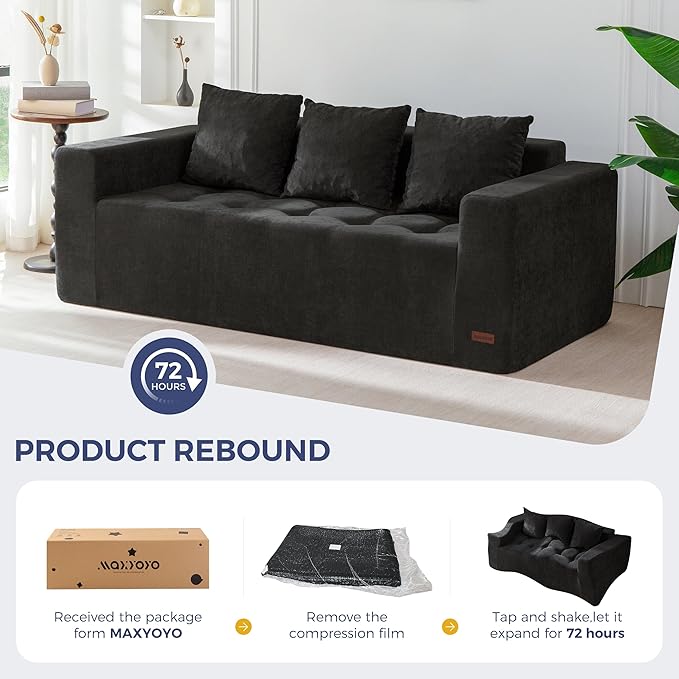 MAXYOYO Modular Sofa Couch, 75" Oversized Loveseat Boneless Cloud Couch with Deep Seat, Chenille Upholstered Living Room Sleeper Sofa Chair for Living Room, No Assembly Required, Black