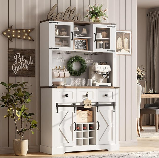 72 in Farmhouse Bar Cabinet with Sliding Barn Door, Tall Kitchen Buffet with Storage Hutch and 3 Drawer, Rustic Coffee Wine Bar Sideboard with Wine & Glasses Rack, for Living Room, Pure White