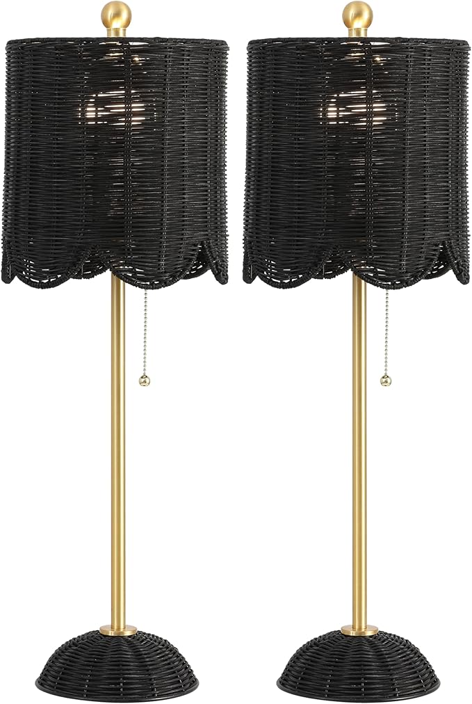 JONATHAN Y 27.5" Black/Brass Gold Coastal Buffet Table Lamp Set of 2 for Bedroom, Boho Table Lamps with Natural Rattan Scalloped Shade, Pull Chain, LED Bulbs Included (JYL1138C-SET2)