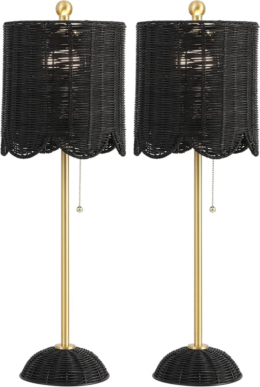 JONATHAN Y 27.5" Black/Brass Gold Coastal Buffet Table Lamp Set of 2 for Bedroom, Boho Table Lamps with Natural Rattan Scalloped Shade, Pull Chain, LED Bulbs Included (JYL1138C-SET2)
