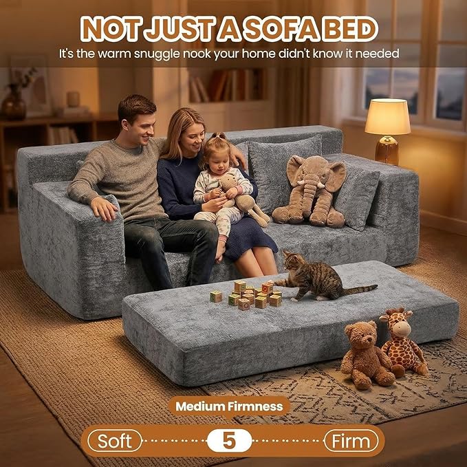 Convertible Sofa Bed, 5 in 1 Small Boneless Couch Pull Out Loveseat Sleeper Sofa,Corduroy Futon Couch Folding Mattress with 4 Pillows for Living Room Bedroom Lounge (Light Gray, 3 Seater)