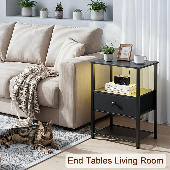 Night Stand Set 2, LED Nightstand with Charging Station, End Tables Living Room with Fabric Drawer, Small Bed Side Tables for Bedroom, Small Space, Black, HETS01BK