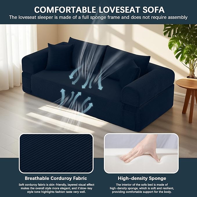 83" Modern Sofa in a Box, No Assembly Oversized 3 Seater 28" Deep Seat Cloud Sofa Bed Couch with 4 Furry Pillows & Corduroy Fabric, Boneless Couch with Side Storage Pockets for Living Room, Navy Blue