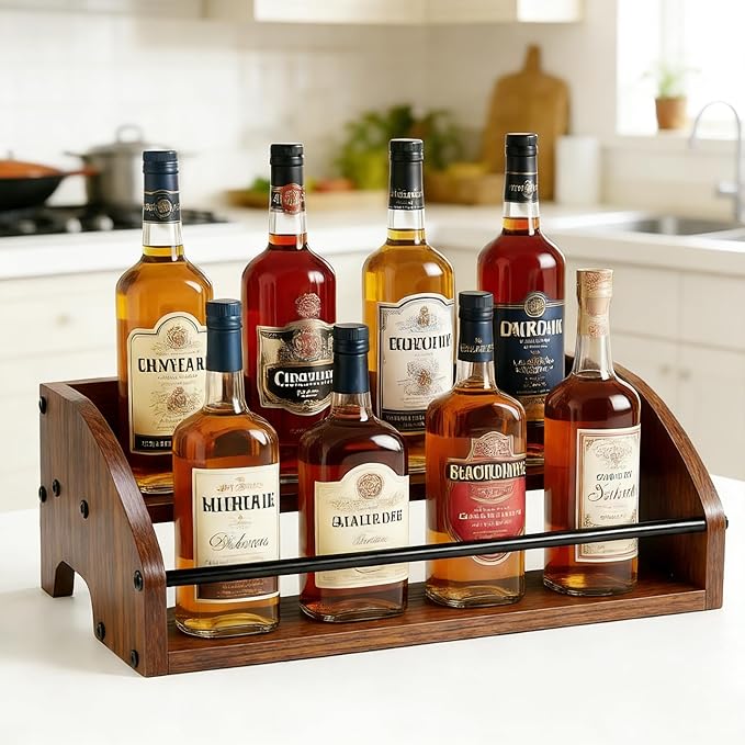 Rustic Wooden Countertop Organizer - Liquor Cabinet,Coffee Syrup Rack, Mini bar, Home Retro Bar Shelf Stand for Liquor, Whiskey, Spirits & Spices (2-Tier)