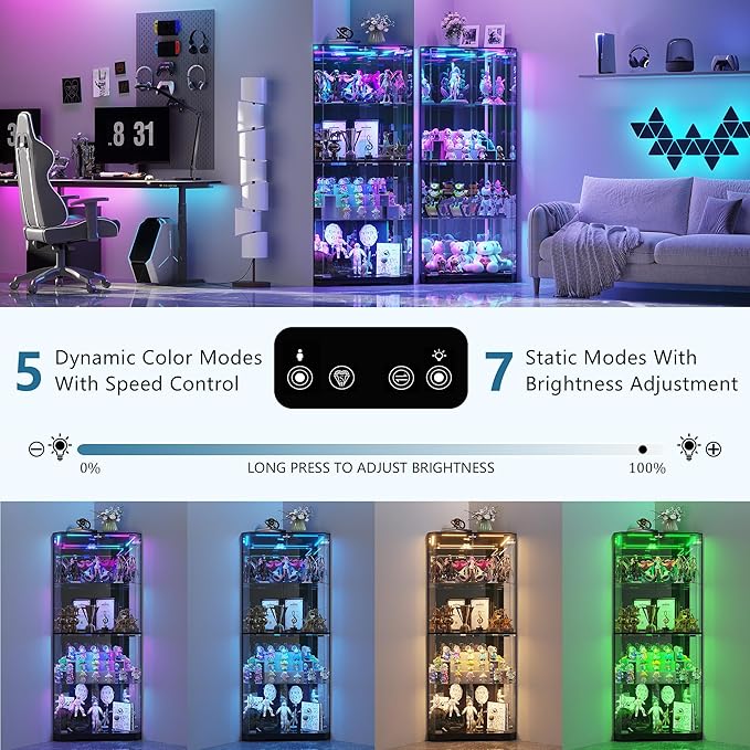 Corner Display Cabinet with Glass Doors, 64.7" Tall Curio Cabinet with RGB Lights for Collectibles, 4-Tier Showcase Display Case with Human Sensor for Toys, Books, Black
