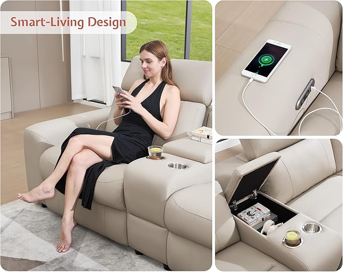 AMERLIFE Power Recliner Sectional Sofa with Storage/USB Port, Leather Recliner Sofa with Adjustable Headrest, Reclining Sectional Couches with Console and Cup Holder for Living Room (Beige Brown)