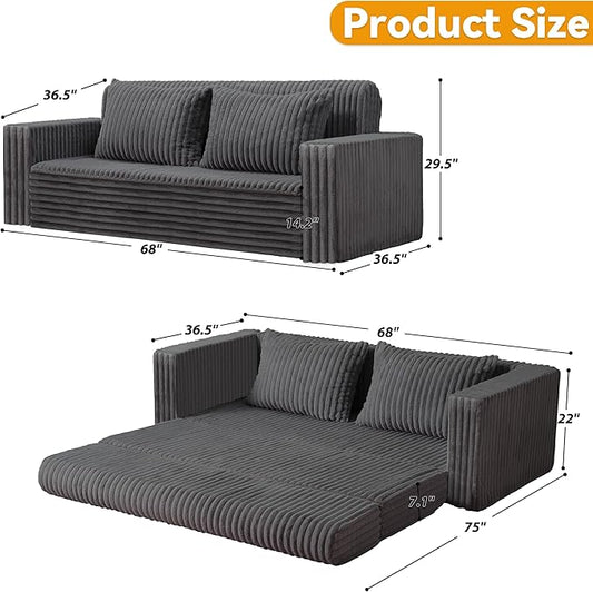 HABUTWAY Folding Sofa Bed, 2 in 1 Convertible Sleeper Chair with 2 Pillows, Portable Fold Out Chair Bed with Armrest, Comfy Floor Couch, Lazy Sofa for Living Room Bedroom Dorm Home Office Grey