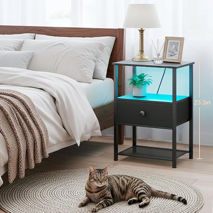 Night Stand Set 2, LED Nightstand with Charging Station, End Tables Living Room with Fabric Drawer, Small Bed Side Tables for Bedroom, Small Space, Black, HETS01BK