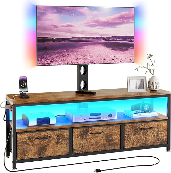 JUSTOGO TV Stand with Mount and Power Outlet, TV Stand with Drawers Storage for Living Room Bedroom, LED Entertainment Center for 45/55/60/65 inch, Height Adjustable Media Console, Rustic Brown