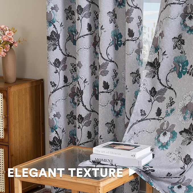 H.VERSAILTEX Blackout Curtains for Bedroom/Living Room Thermal Insulated Printed Curtain Drapes 63 Inches Long Energy Efficient Room Darkening Curtains Pair (2 Panels), Vintage Floral Grey & Teal