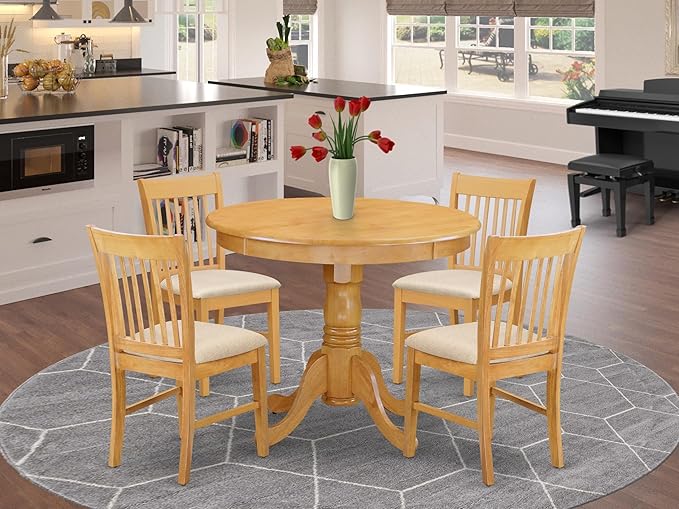 East West Furniture ANNO5-OAK-C 5 Piece Dining Table Set for 4 Includes a Round Kitchen Table with Pedestal and 4 Linen Fabric Dining Room Chairs, 36x36 Inch, Oak