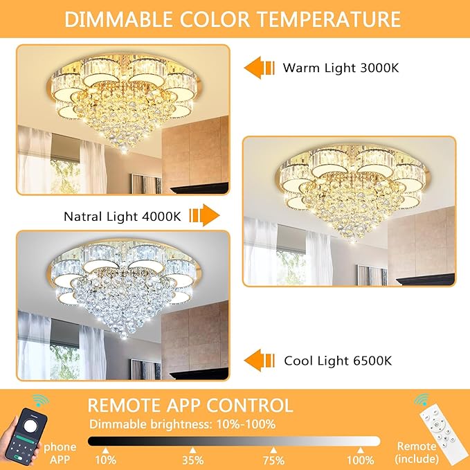 31.4'' Gold Modern Crystal Chandeliers for Dining Room LED Dimmable Light Fixtures Flush Mount Light Living Room Bedrooms