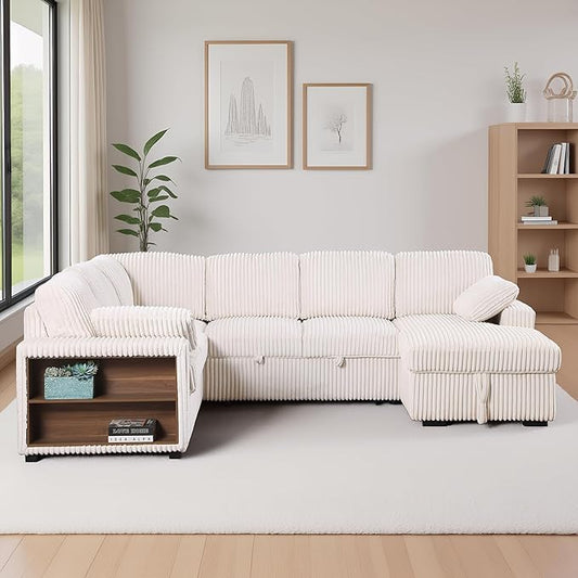 ERYE 117-Inch Oversized U-Shaped Pull Out Sleeper Couch Bed, Modern U Shaped Sleeper Sectional Sofa Corner Convertible Sofa Bed with Storage Chaise and Cabinet for Living Room