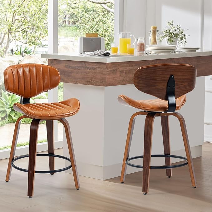 Swivel Bar Stools Set of 2, 24 inch PU Leather Wooden Bentwood Barstools Counter Height Modern Breakfast Bar Chairs with Backrest and Footrest for Kitchen Island, Dining Room D035-Brown-2