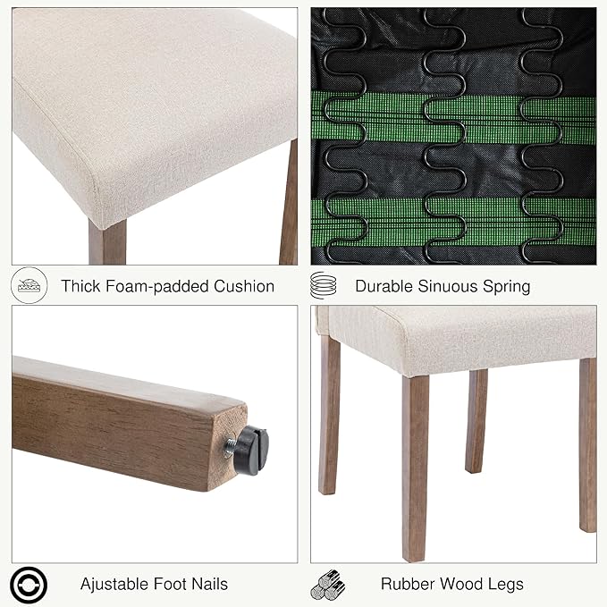 Upholstered Dining Chair Modern Stylish Parsons Kitchen Diner High Back with Silver Nailhead Trim & Wood Legs, Set of 6, Fabric Beige