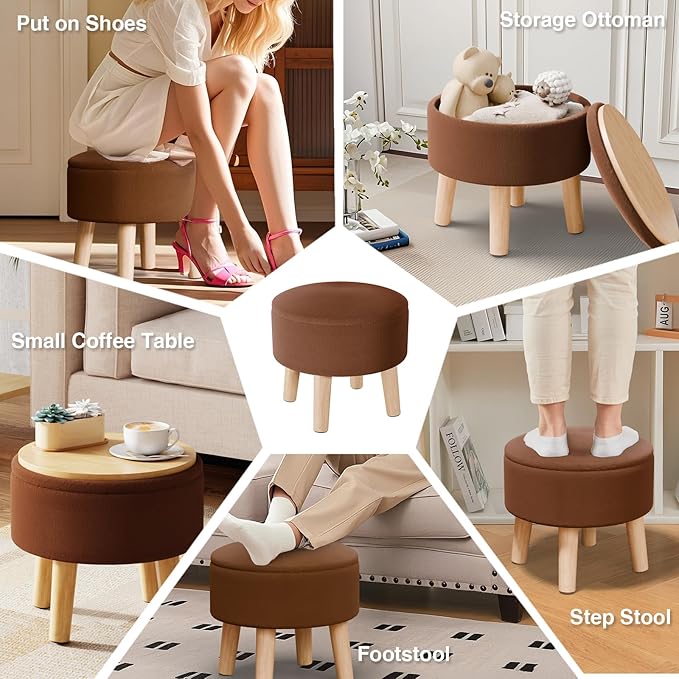 Poofzy Small Ottoman with Storage, Small Foot Stool Ottoman with Wood Legs, Velvet Foot Rest for Couch, Living Room and Bedroom - Brown