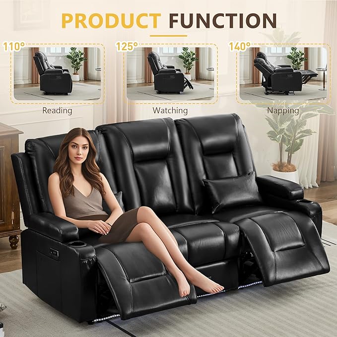 URRED Power Loveseat Recliner Sofa with Console, Wall Hugger Reclining Loveseat RV Couch with LED Light, 150° Zero Gravity Recliners Modular Couches for Living Room (Glossy Black, 77.3'' - 3 Seats)