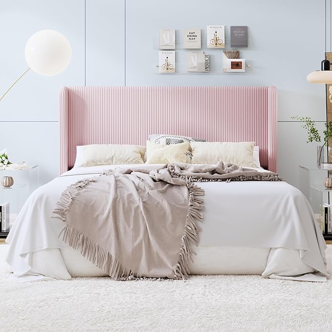 SHA CERLIN King Size Corduroy Upholstered Platform Bed Frame with Vertical Channel Tufted Wingback Headboard, 8" Under Bed Storage, Wooden Slats & Metal Frame Support, Easy Assembly, Light Pink