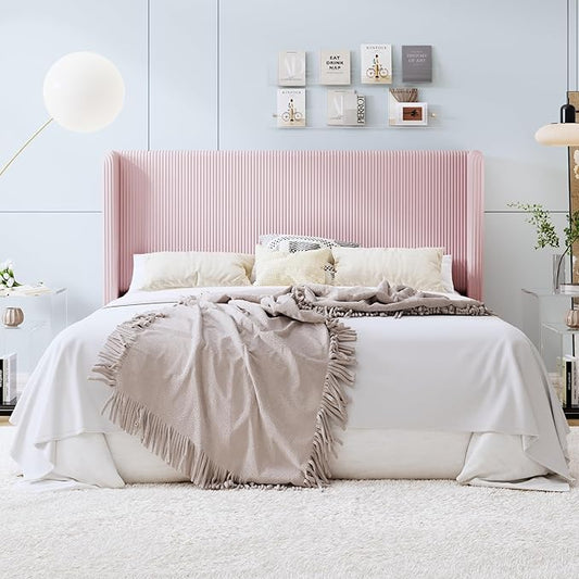 SHA CERLIN King Size Corduroy Upholstered Platform Bed Frame with Vertical Channel Tufted Wingback Headboard, 8" Under Bed Storage, Wooden Slats & Metal Frame Support, Easy Assembly, Light Pink