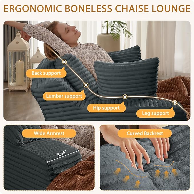 49.2" Oversized Chaise Lounge Daybed Plush Corduroy Upholstered Boneless Memory Foam Cloud Couch Sofabed, Lazy Lounger Chairs with Deep Seat, No Assembly Required Cloud Comfy Couches for Living Room