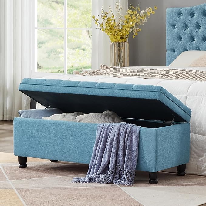 Upholstered Ottoman with Storage,Entryway Bench with Tufted Buttons and Spindle Wooden Legs for Living Room,Bedroom,Light Blue